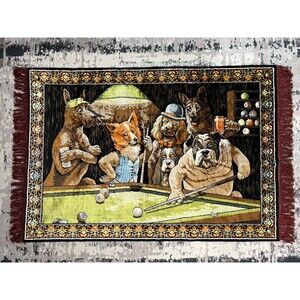 Vtg P&C Wall Tapestry Dog Playing Pool Billiard Man Cave Made In Italy Bar Decor